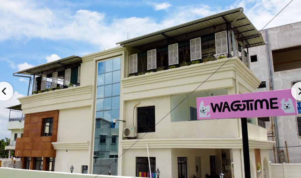 Wagtime Pet Care Centre exterior — two-storey building with pink WAGTIME signboard, woven bamboo lattice screens on upper floor, blue sky