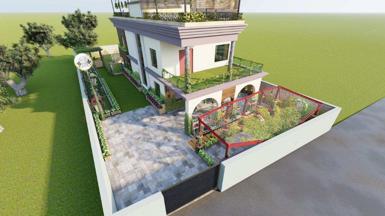 3D render: aerial overview of Wagtime property showing full biophilic layout