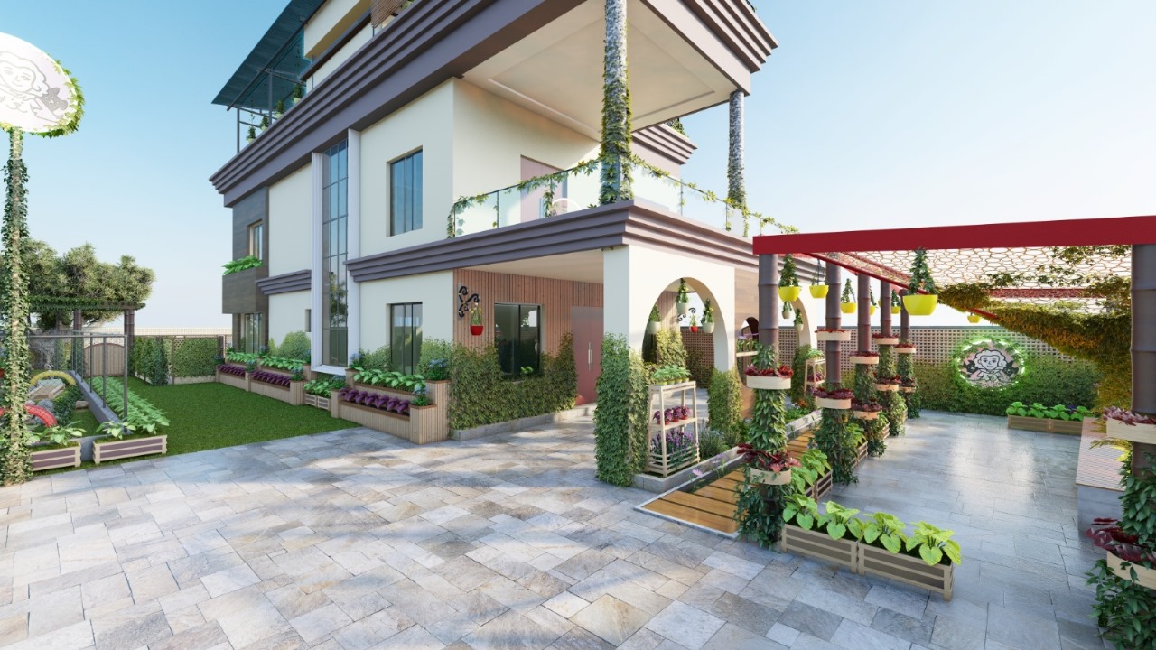3D render: eye-level view of Wagtime entrance with arched doorways, green walls, planters